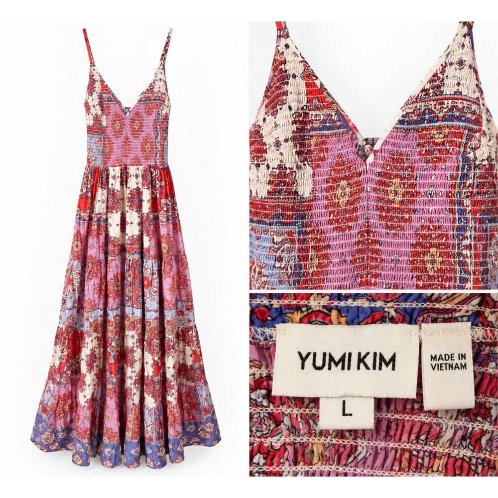 Yumi Kim Kuhio Maxi Dress L Crimson Paisley Smocked Tiered Boho 100% Rayon